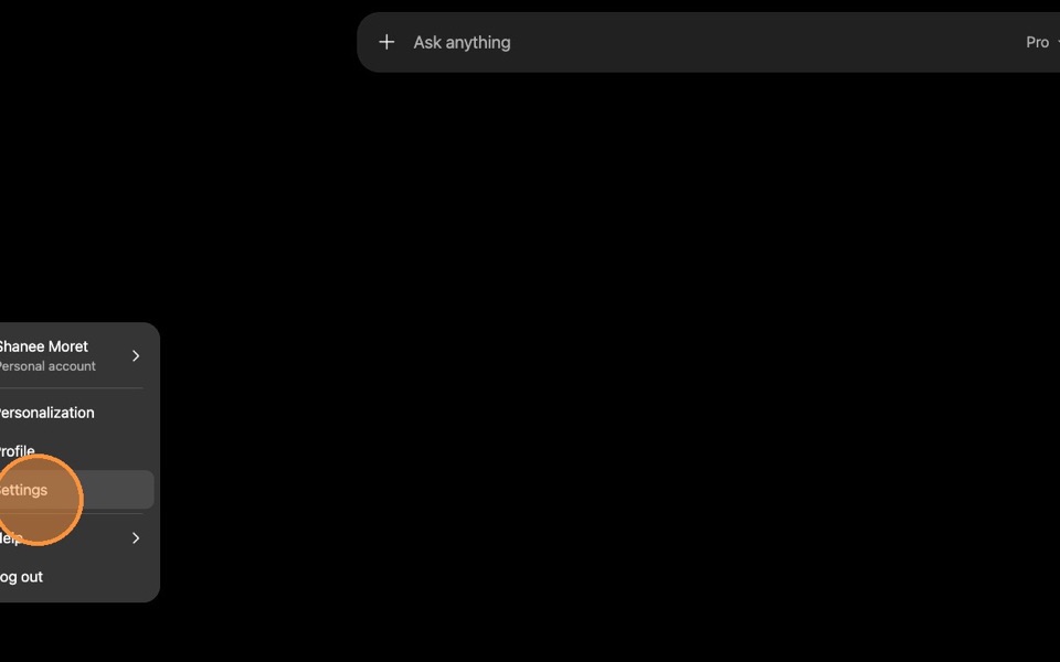 ChatGPT account menu with Settings selected