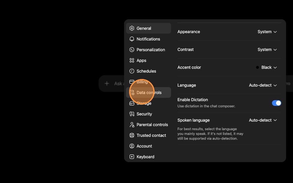 ChatGPT Settings panel with Data controls visible