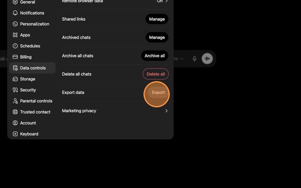 ChatGPT Export data section with the Export button