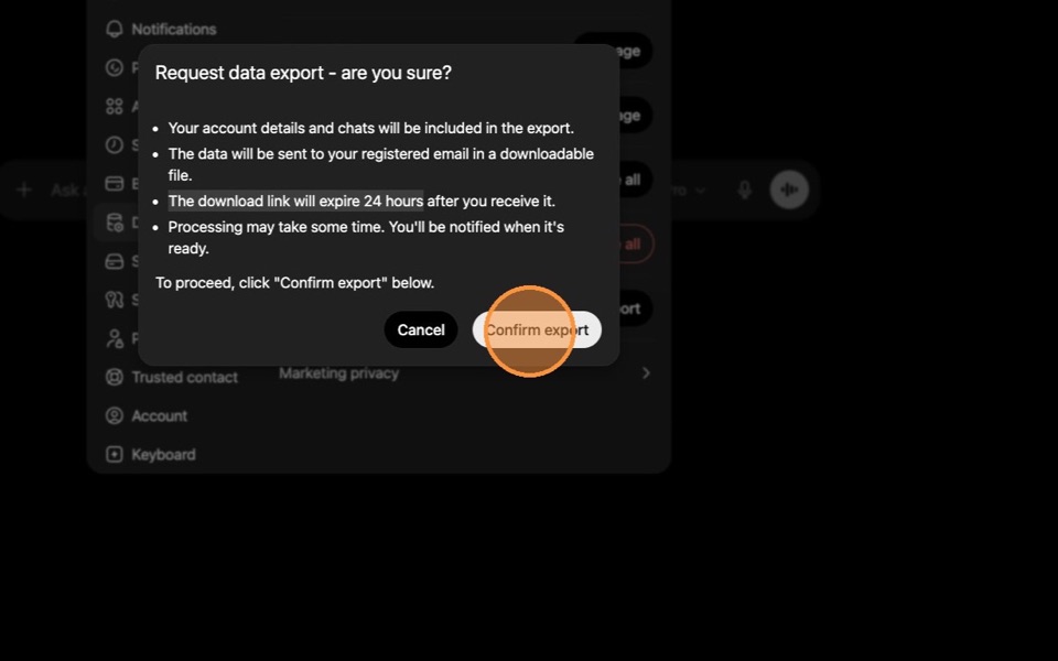 ChatGPT confirmation modal for exporting data