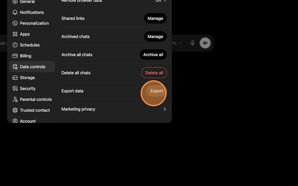 ChatGPT Export button after identity verification