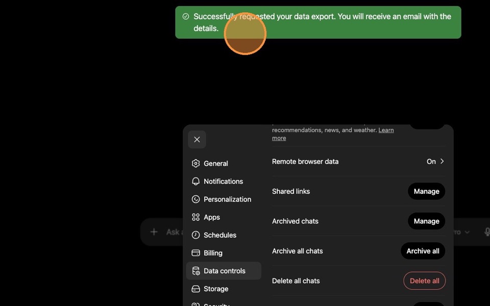 ChatGPT export request success confirmation