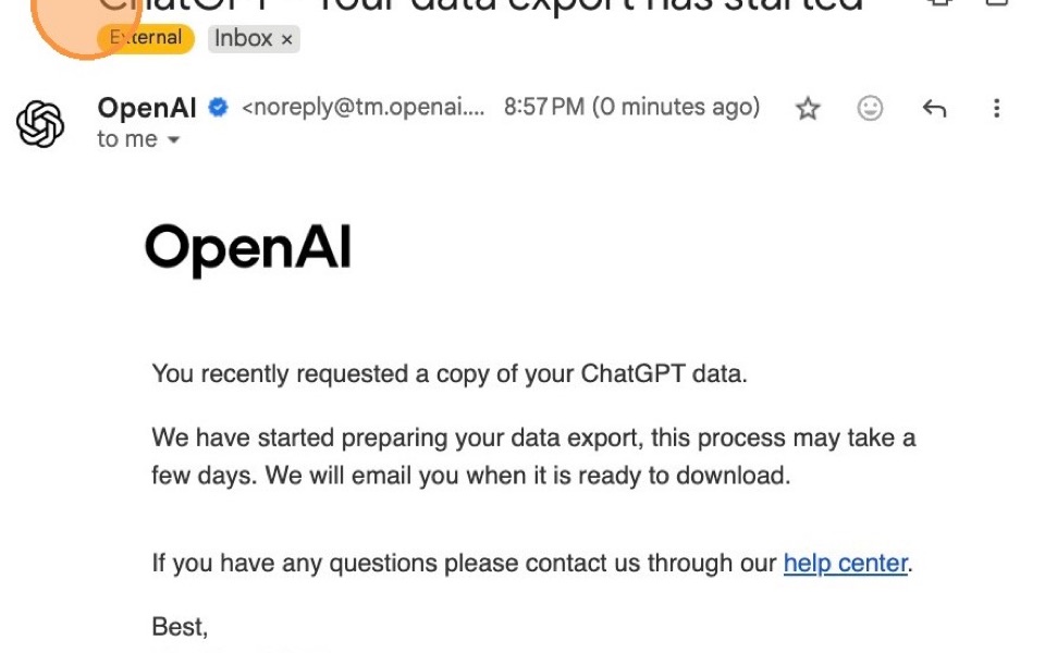 Email inbox showing a ChatGPT data export message