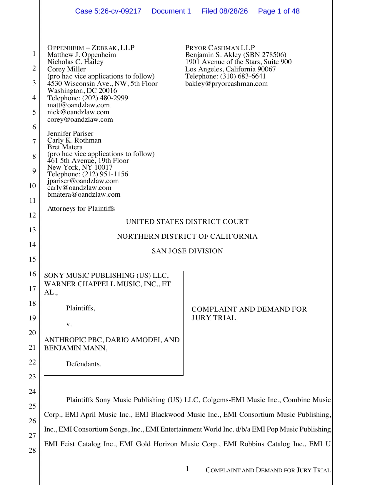 Cover page of the Sony Music Publishing and Warner Chappell complaint against Anthropic