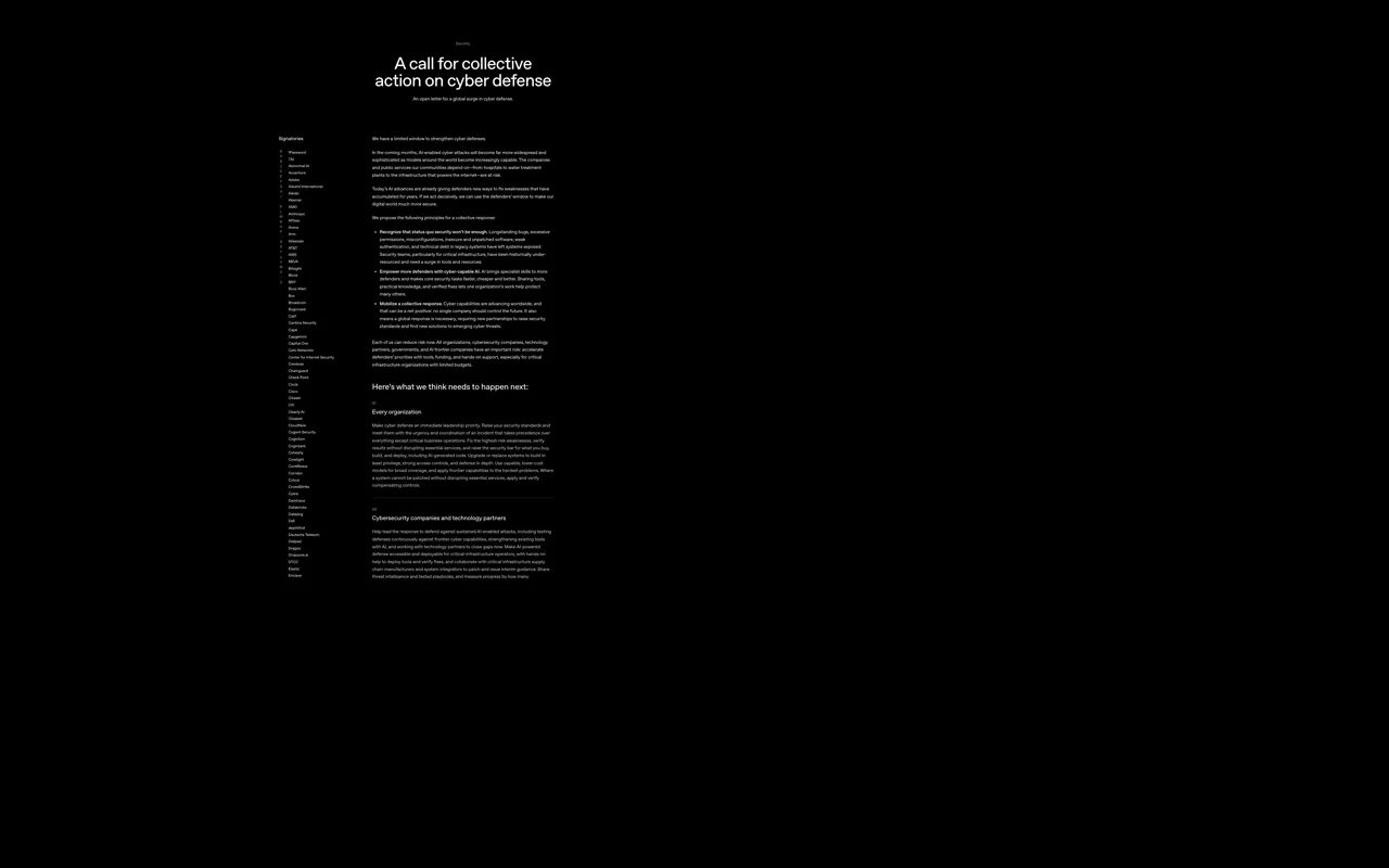 OpenAI open letter page titled A call for collective action on cyber defense with signatories