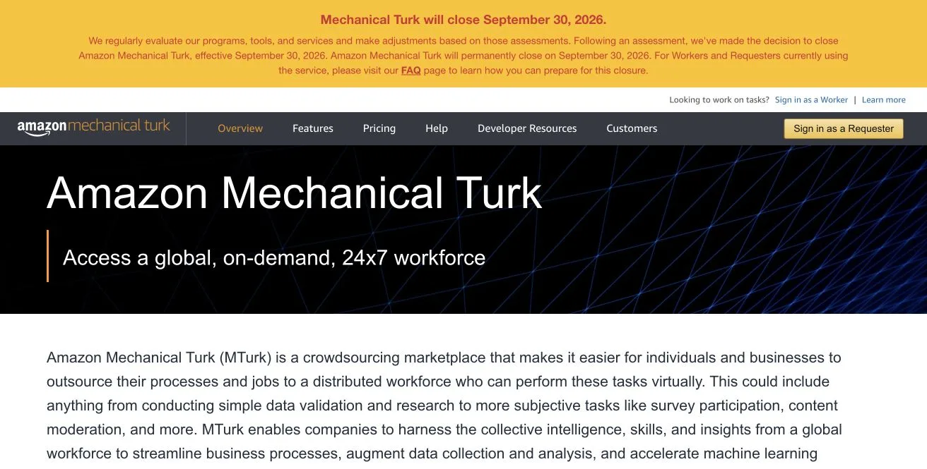 Amazon Mechanical Turk homepage displaying its September 30 2026 closure notice