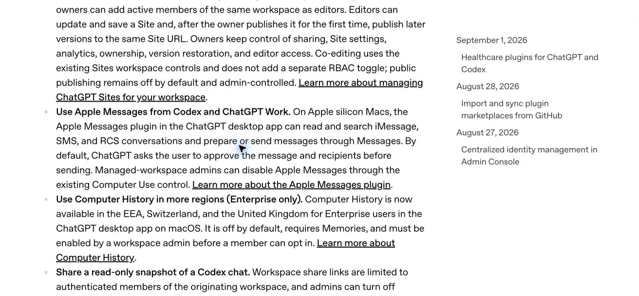 OpenAI Enterprise release note describing Apple Messages in Codex and ChatGPT Work
