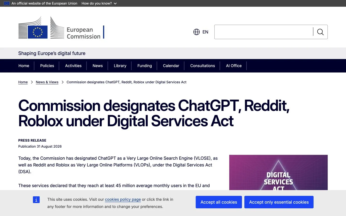 European Commission page announcing ChatGPT designation under the Digital Services Act
