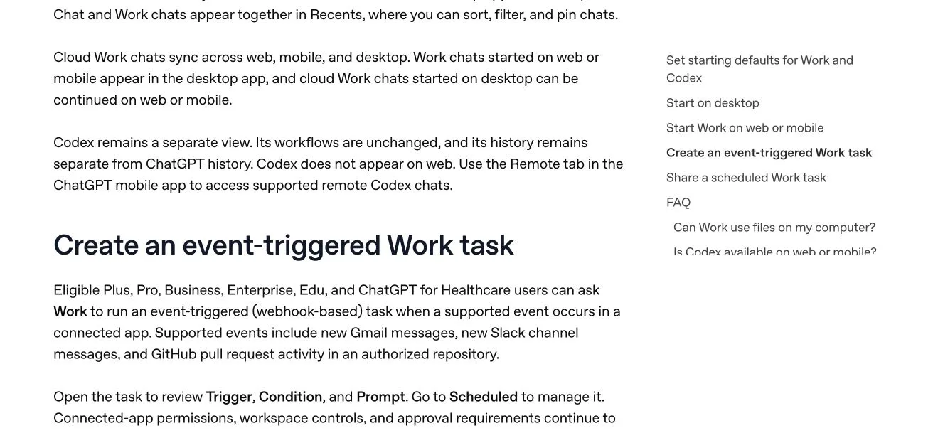 OpenAI Help Center section listing Gmail, Slack, and GitHub event-triggered Work tasks