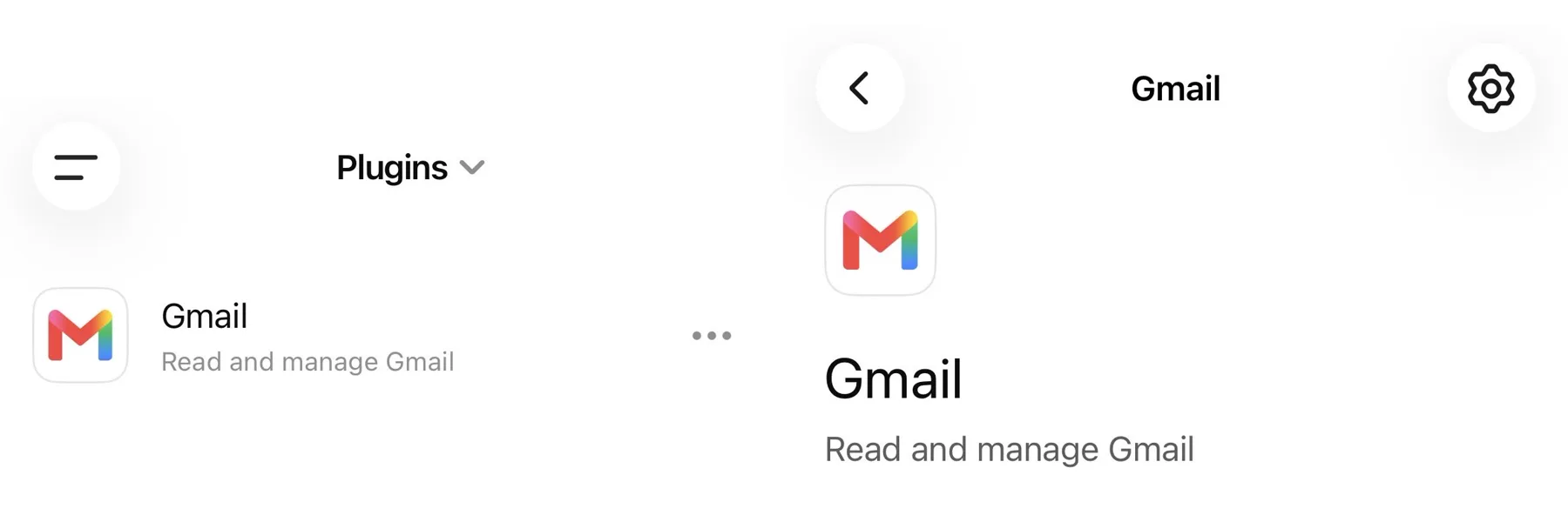 Two ChatGPT Gmail plugin screenshots showing the account menu and settings gear