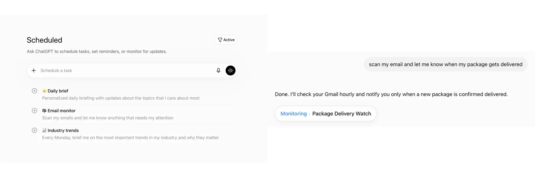Official ChatGPT Scheduled interface showing a monitored task and the Scheduled task list