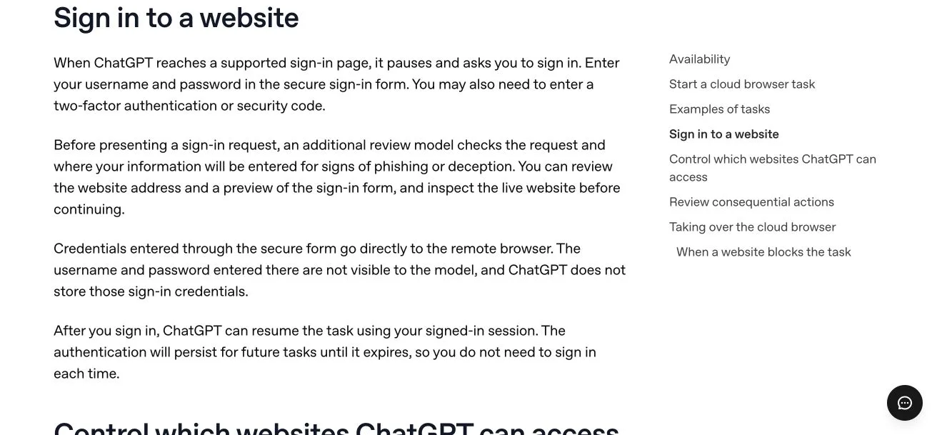 OpenAI Help Center section explaining secure sign-in for ChatGPT cloud browser