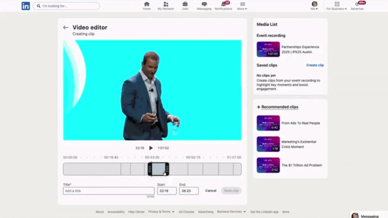 LinkedIn Recommended Clips interface for reviewing AI-selected event highlights