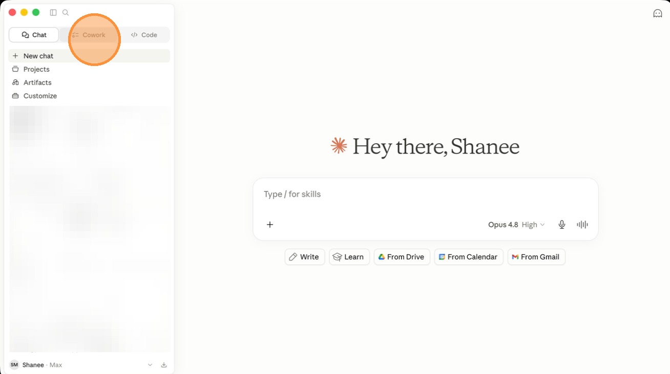 The Claude desktop app showing Chat, Cowork, and Code tabs at the top left