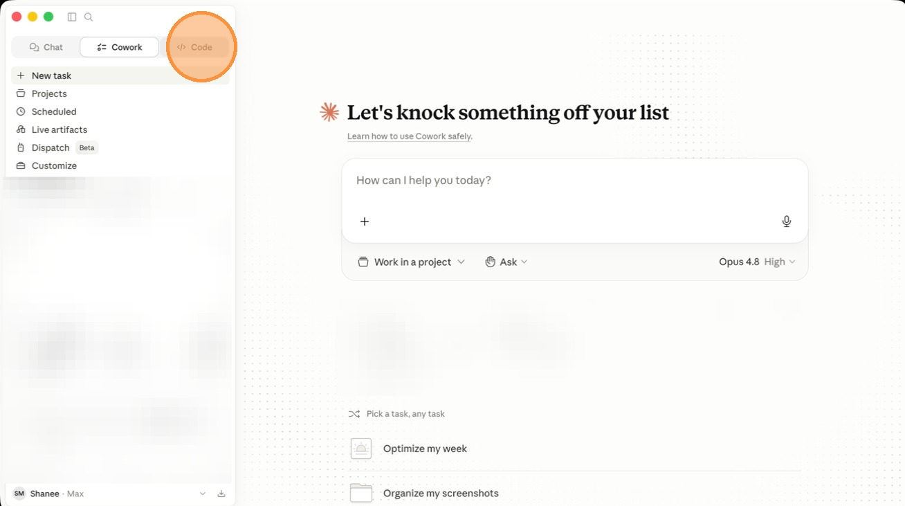 Clicking the Code tab in the Claude desktop app