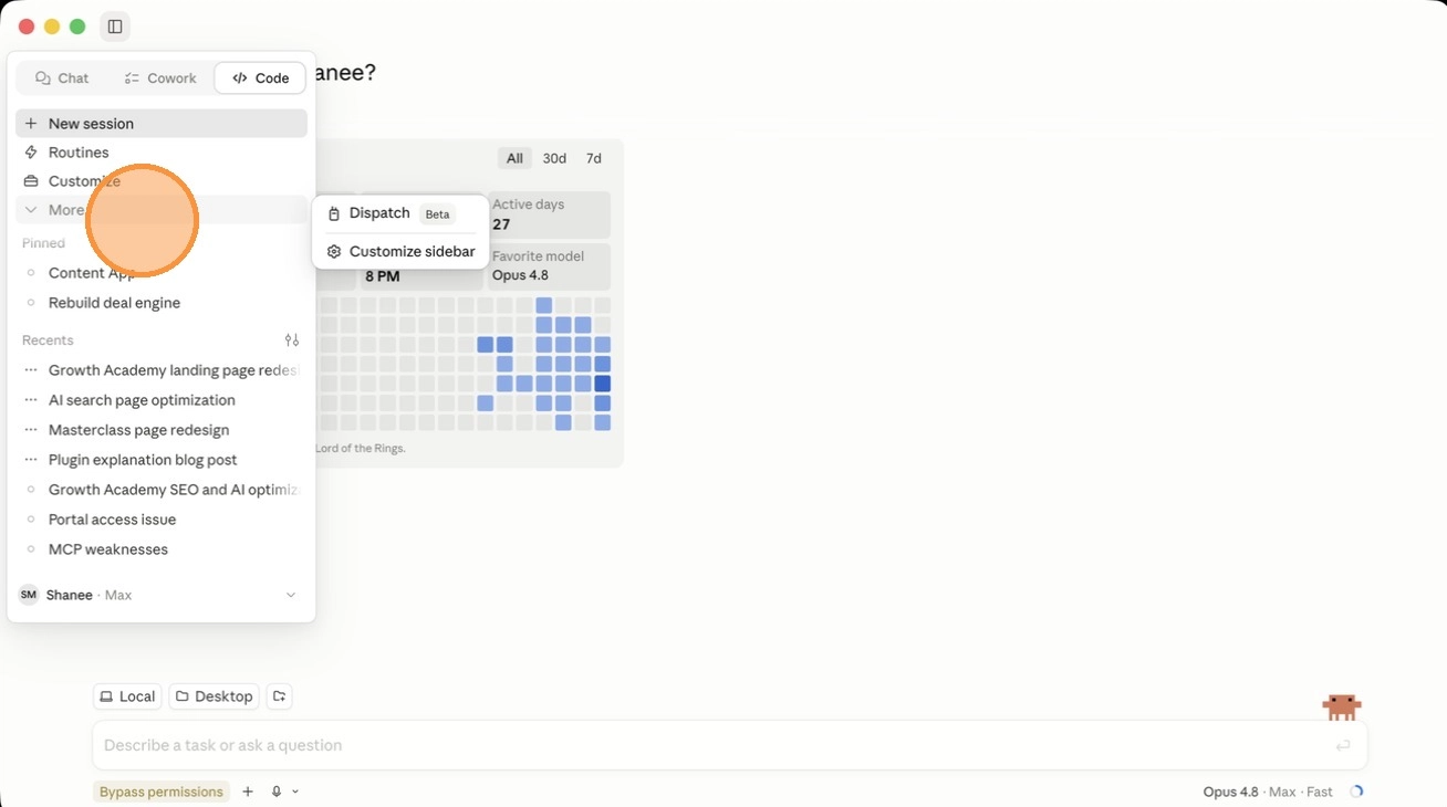Opening Customize in the Claude Code sidebar settings