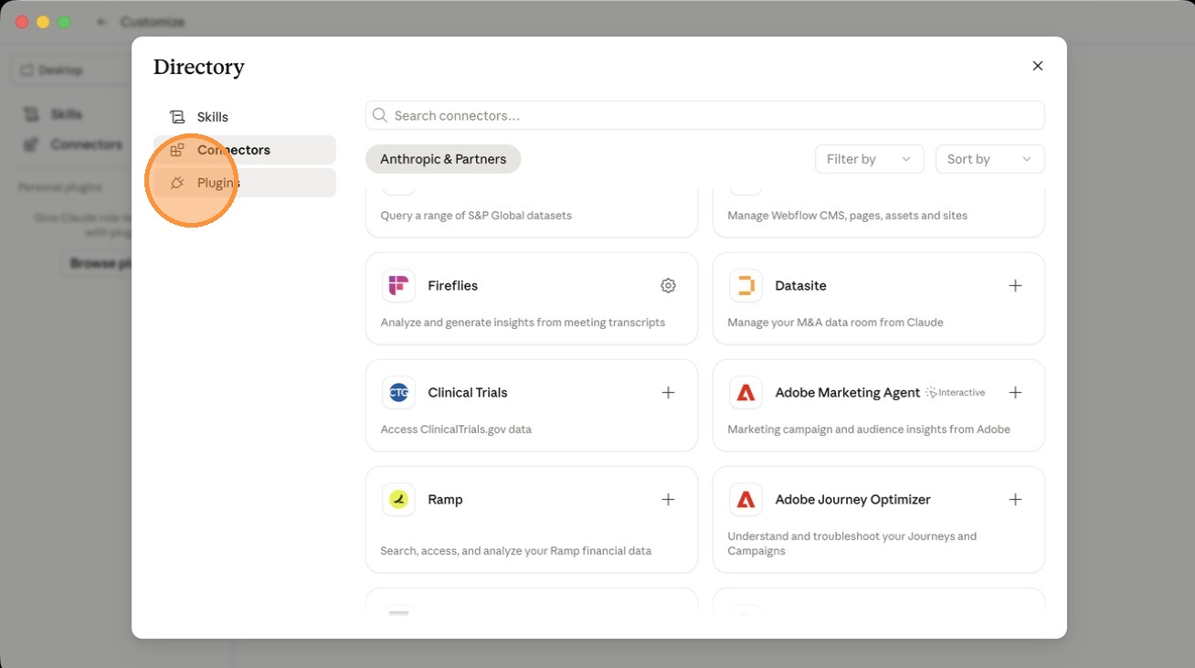 The Plugins tab in the Claude app, browsing plugins to connect core-stack apps