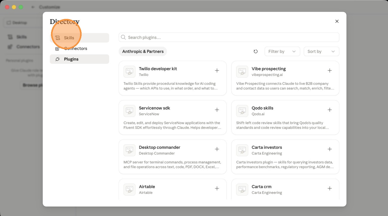 The Skills tab in the Claude app, adding skills like Desktop Commander and Twilio
