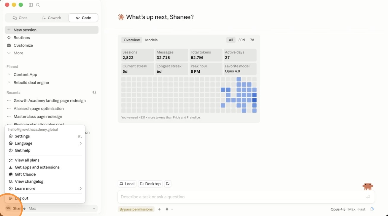 Opening the user settings menu in the Claude app