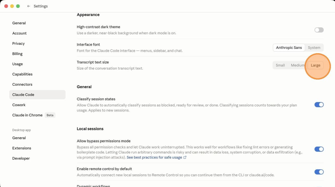 The Claude Code settings category with transcript text size set to Large