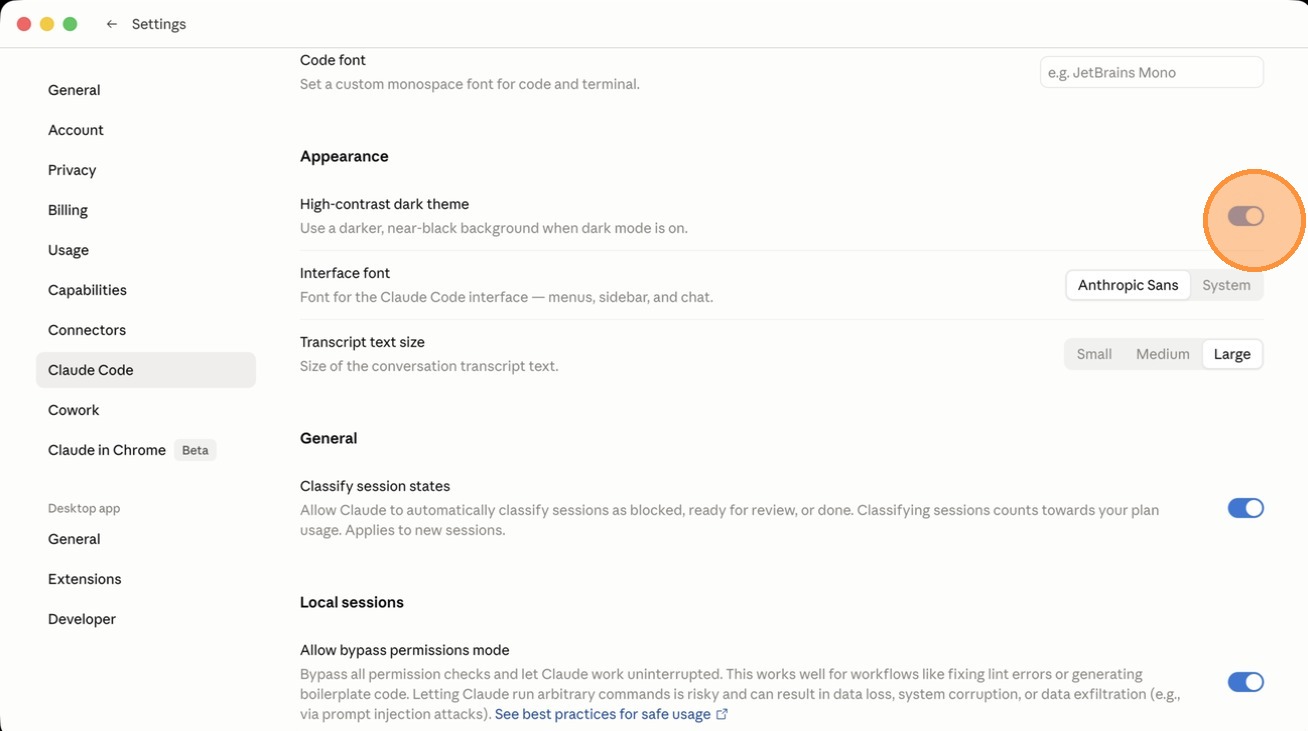 Enabling the High-contrast dark theme option in Claude Code settings