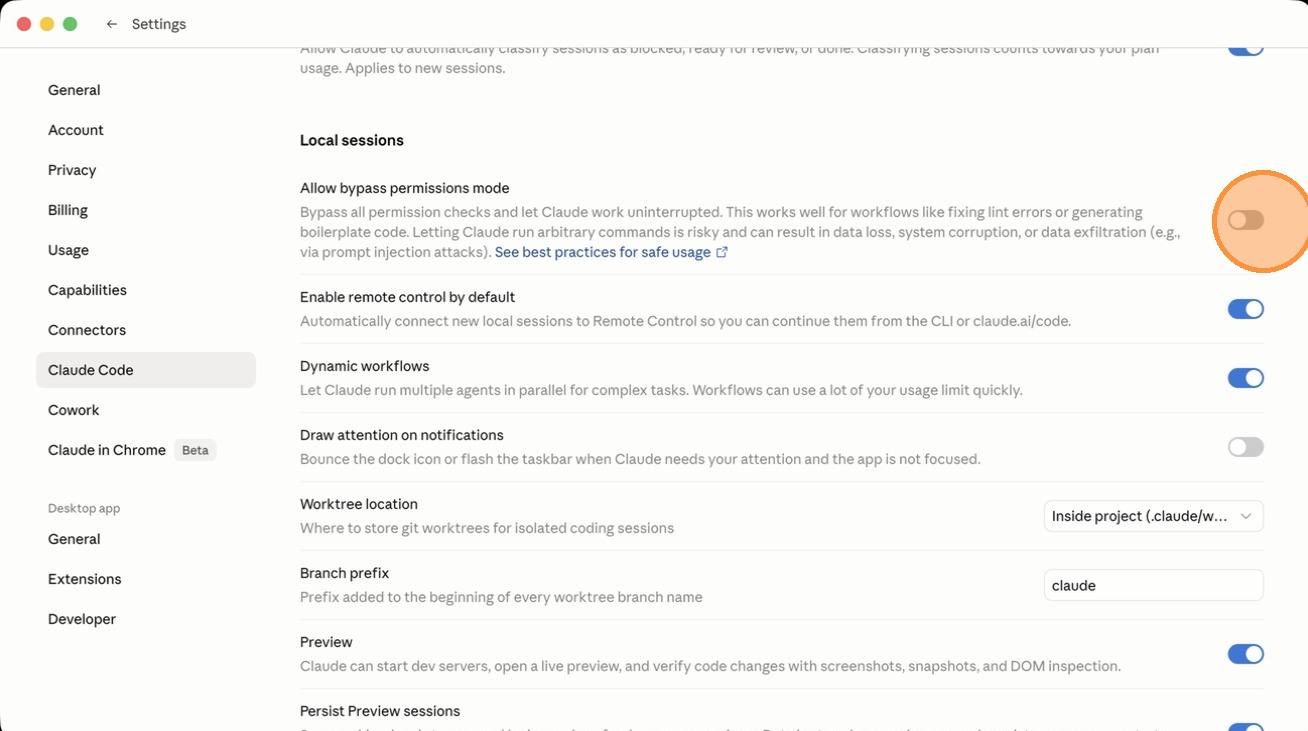 Toggling Allow bypass permissions mode in Claude Code settings, with Anthropic's risk note visible