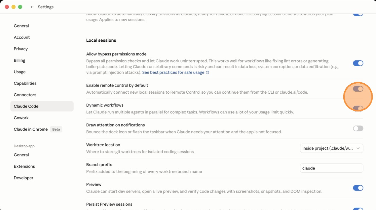 Toggling Enable remote control by default in Claude Code settings