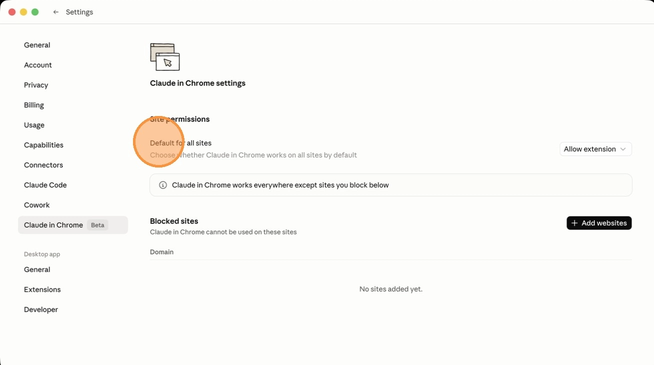 Setting Default for all sites to Allow extension under Claude in Chrome
