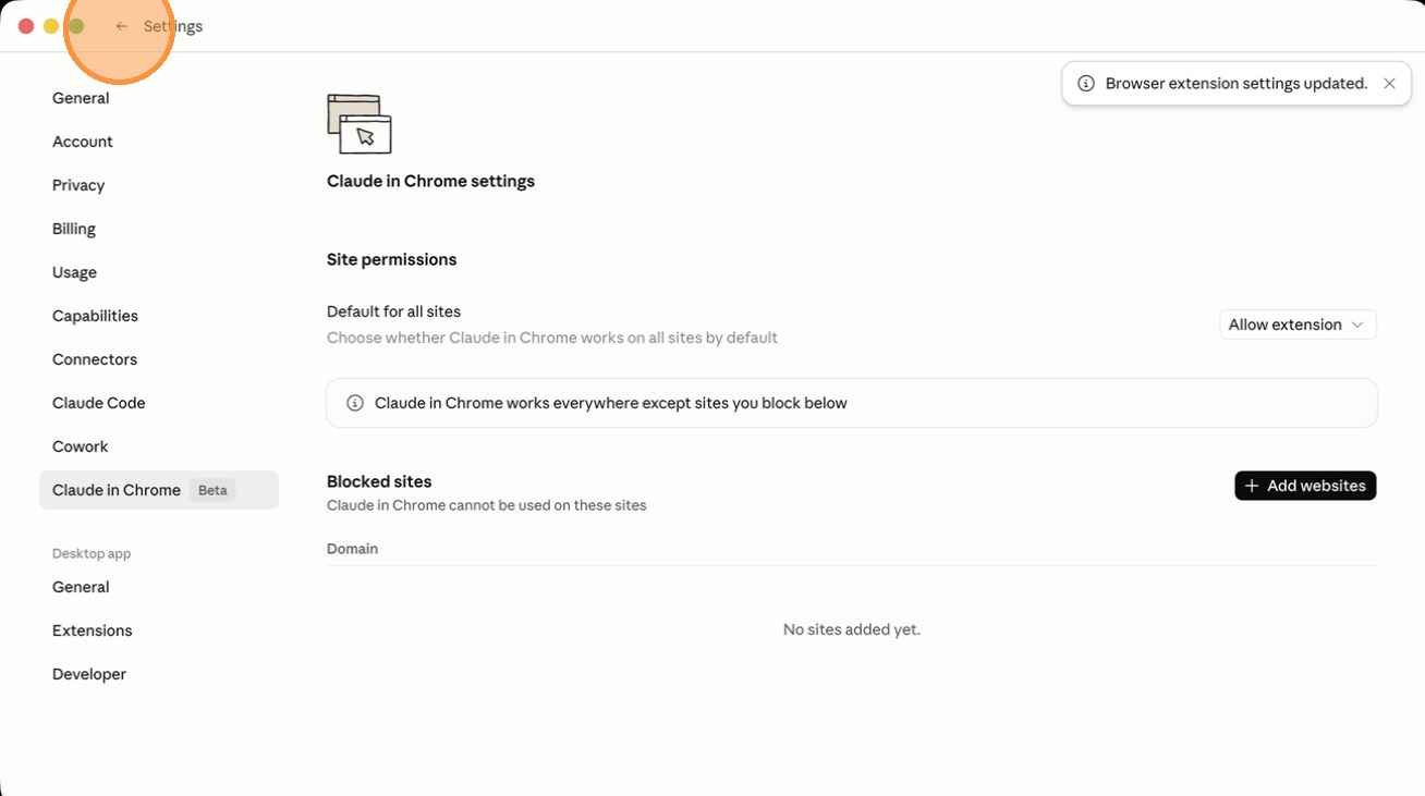 Exiting the settings menu in the Claude app
