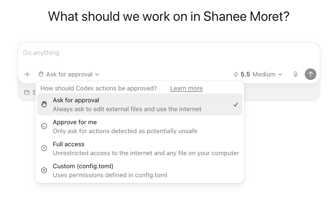 The Codex approval dropdown open in the composer, showing four options: Ask for approval (the selected default), Approve for me, Full access, and Custom (config.toml).