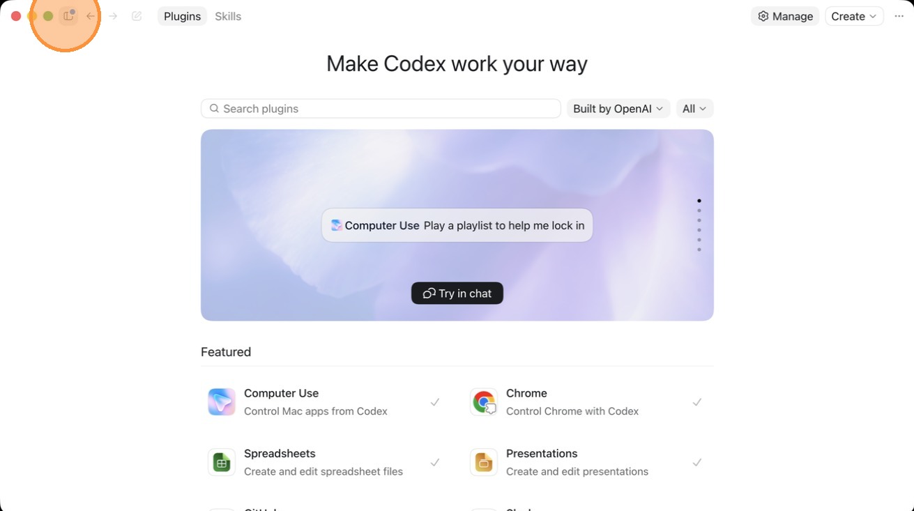 The Codex Plugins page headed Make Codex work your way, with a search bar, a Built by OpenAI filter, and featured plugins