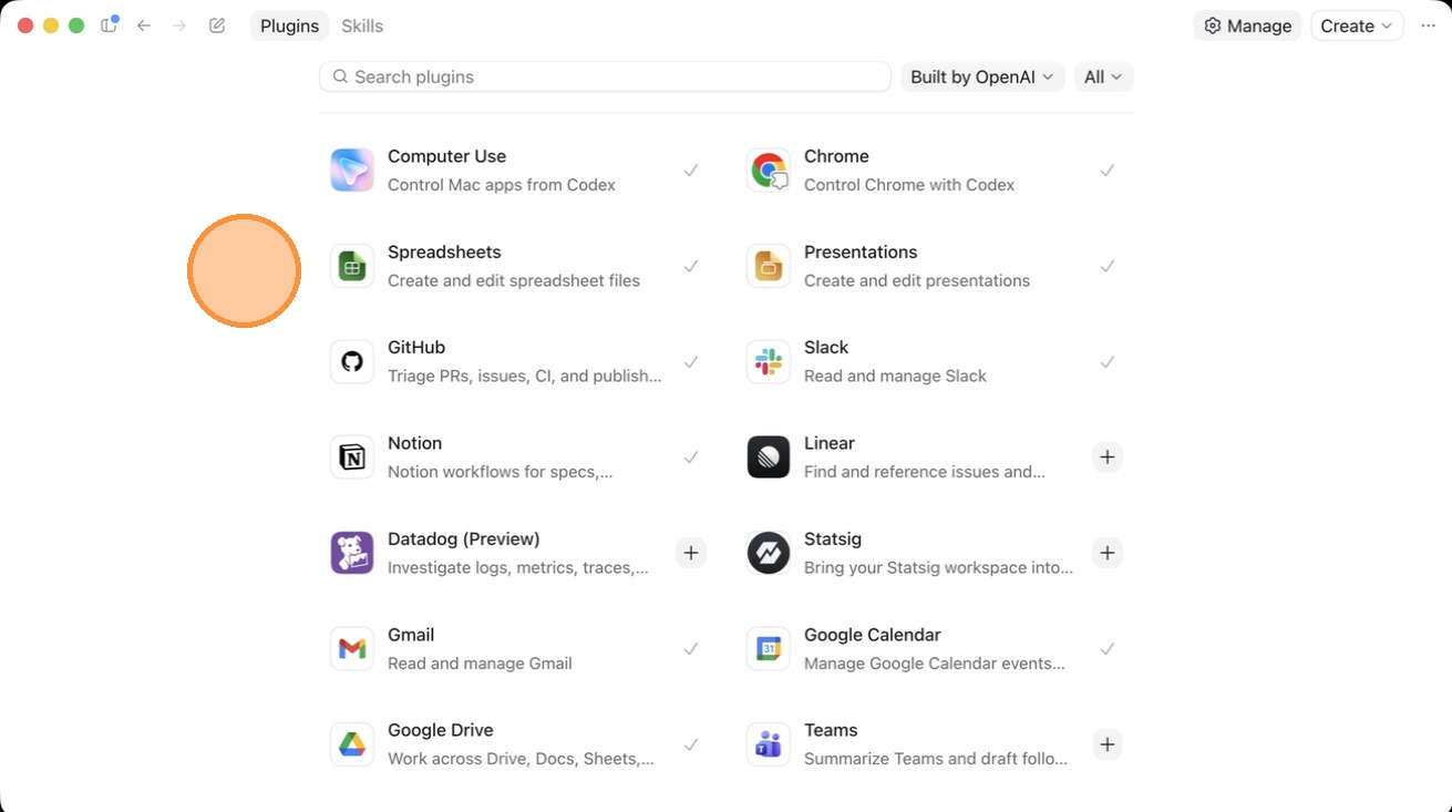 A list of Codex plugins including Computer Use, Chrome, Spreadsheets, and Presentations, each with different capabilities