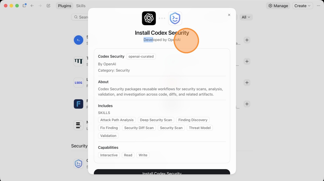 The Install Codex Security screen showing Developed by OpenAI at the top