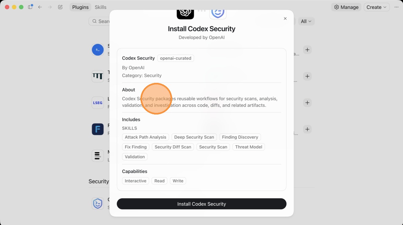The About section describing what the Codex Security plugin does