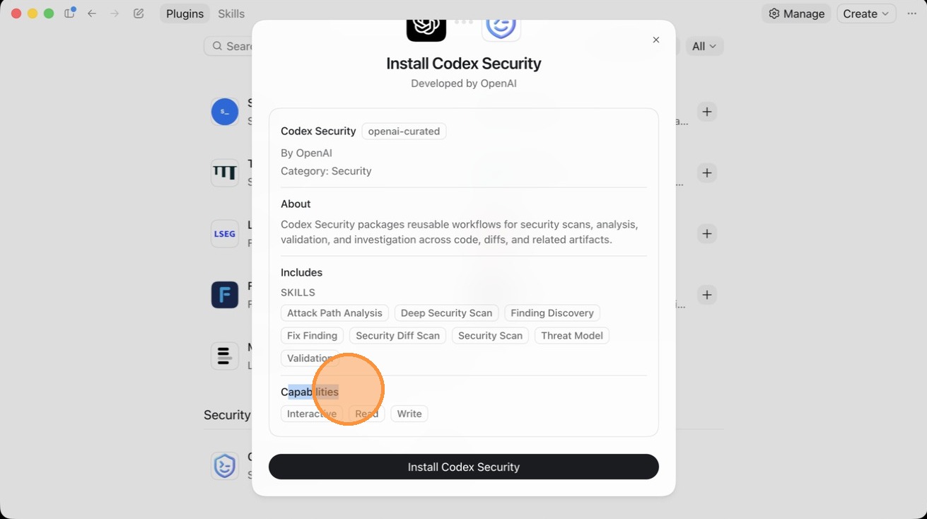 The capabilities line reading Interactive, Read, Write on the Codex Security install screen