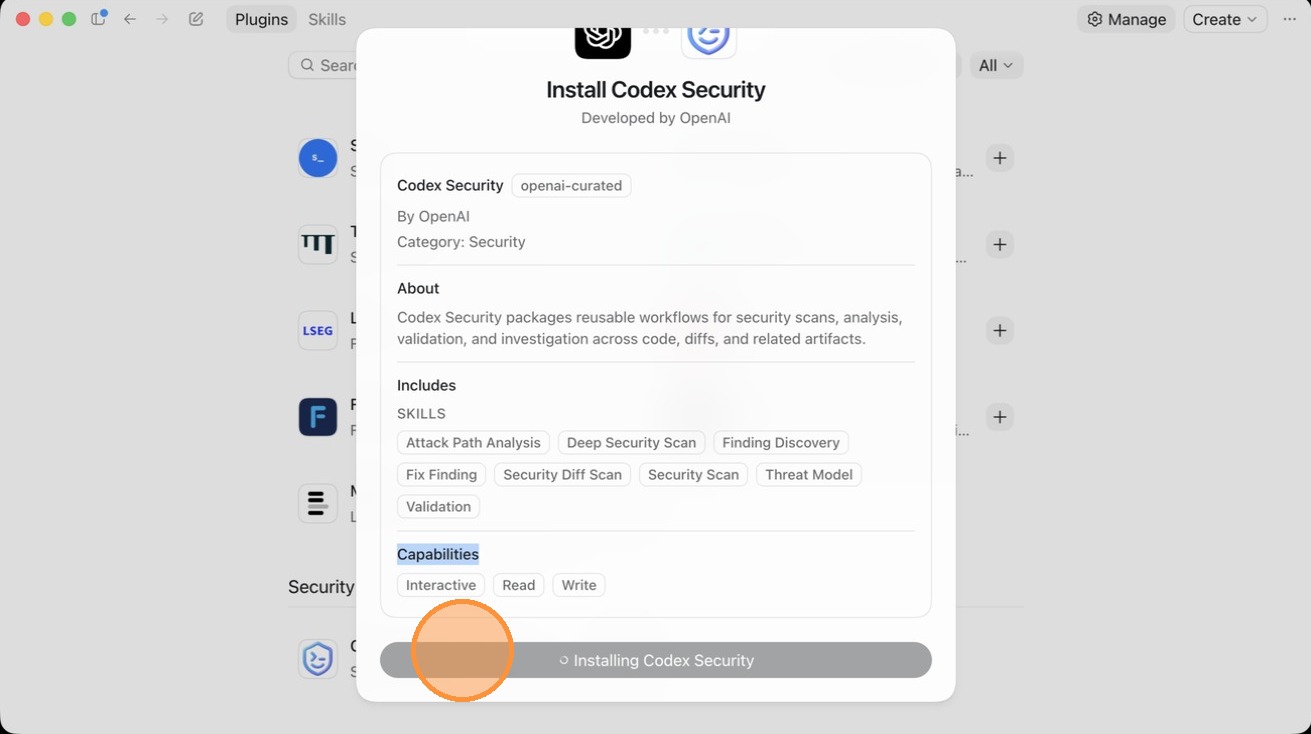 Clicking the Install Codex Security button in the Codex desktop app