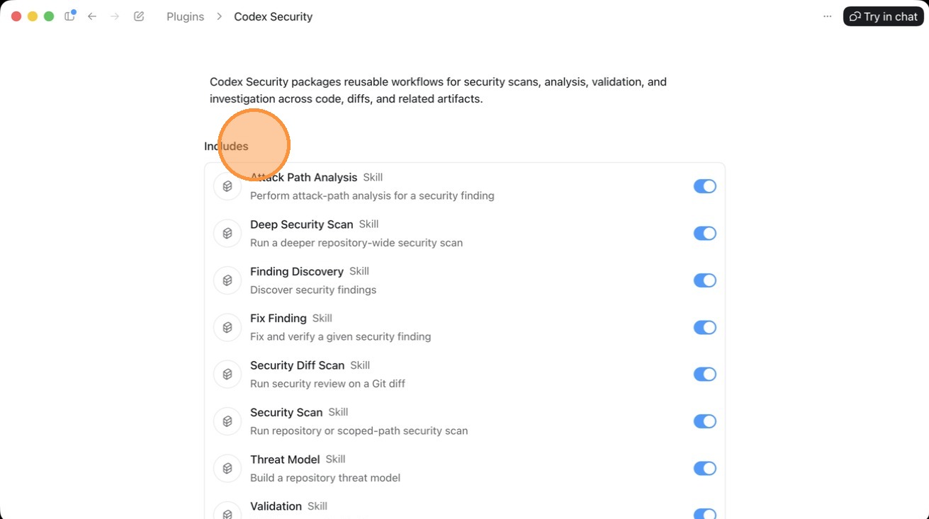The plugin settings page with on and off toggles for each bundled skill, all on by default