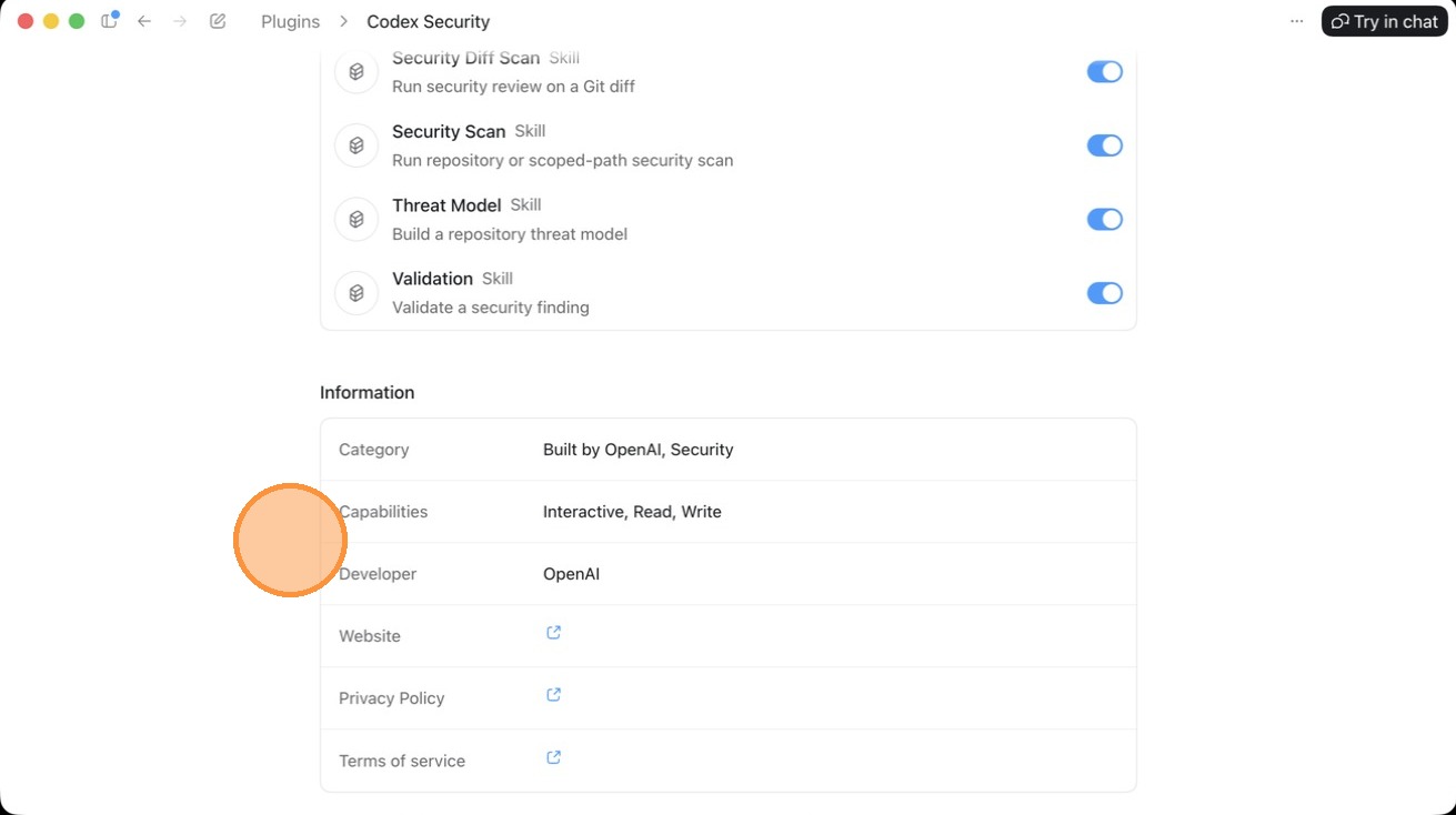 The Codex Security settings page Information panel showing Category, Capabilities, Developer, and policy links