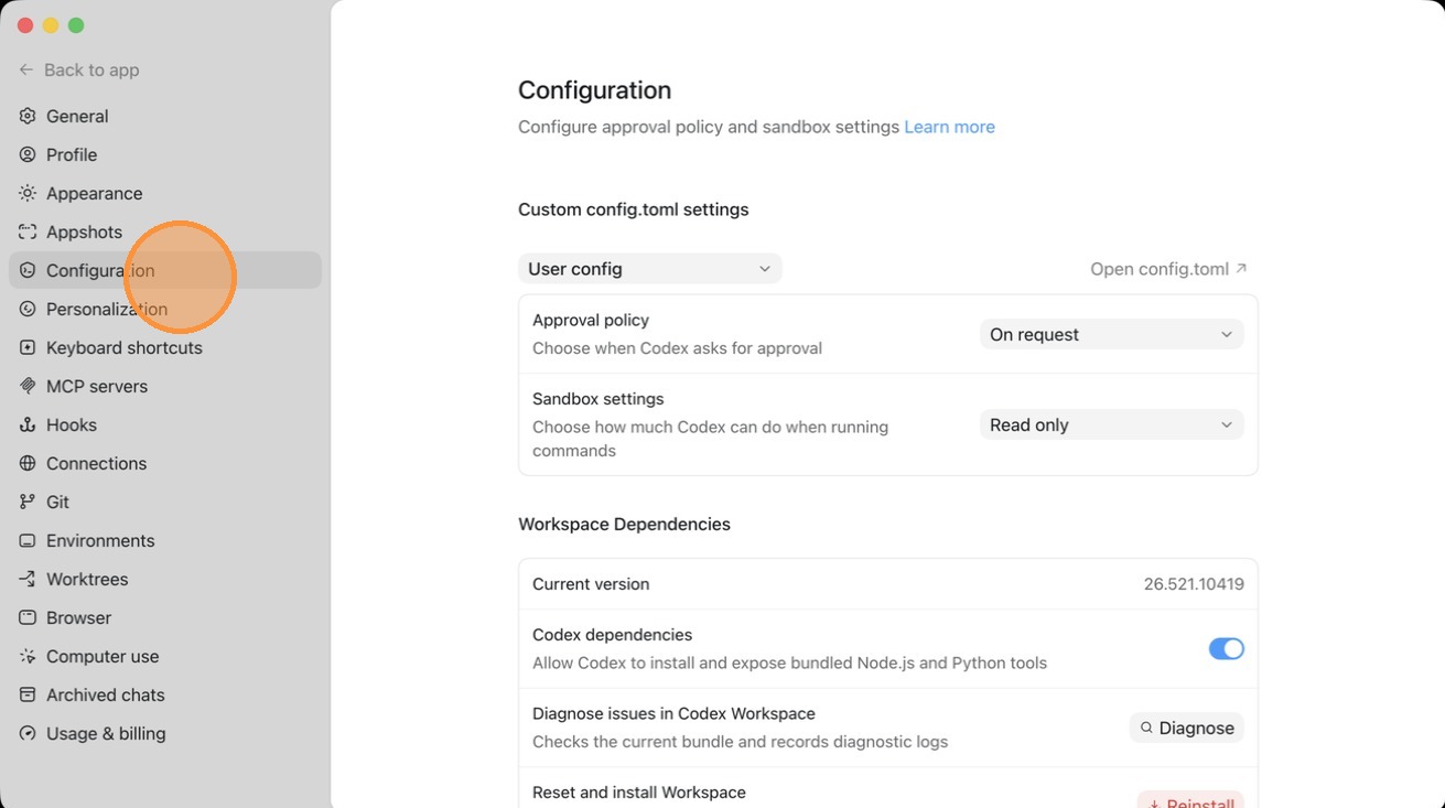 The Codex Configuration settings page showing Approval policy and Sandbox settings, with Configuration selected in the sidebar