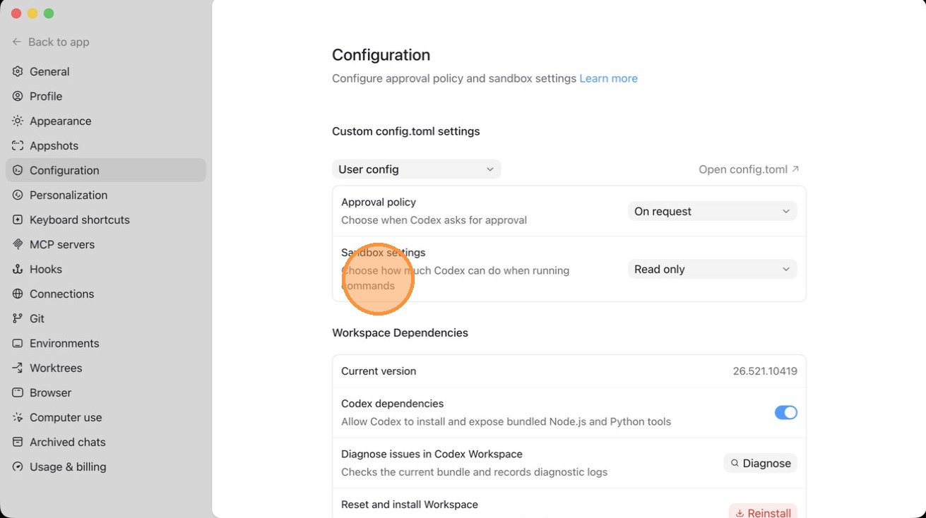 The Sandbox settings row in Codex Configuration, currently set to Read only
