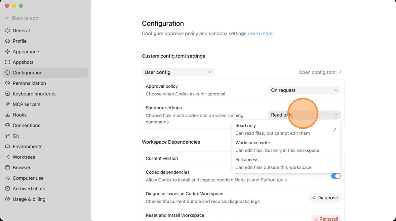 The Codex sandbox permission dropdown open, showing Read only, Workspace write, and Full access