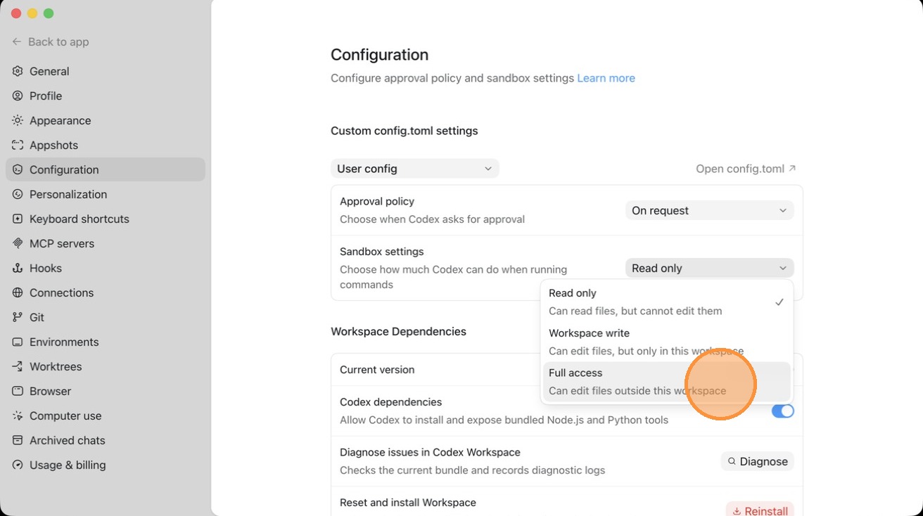 Full access selected in the Codex sandbox permission dropdown