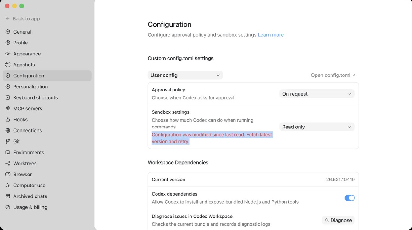 The Codex Configuration page showing the message Configuration was modified since last read, Fetch latest version and retry
