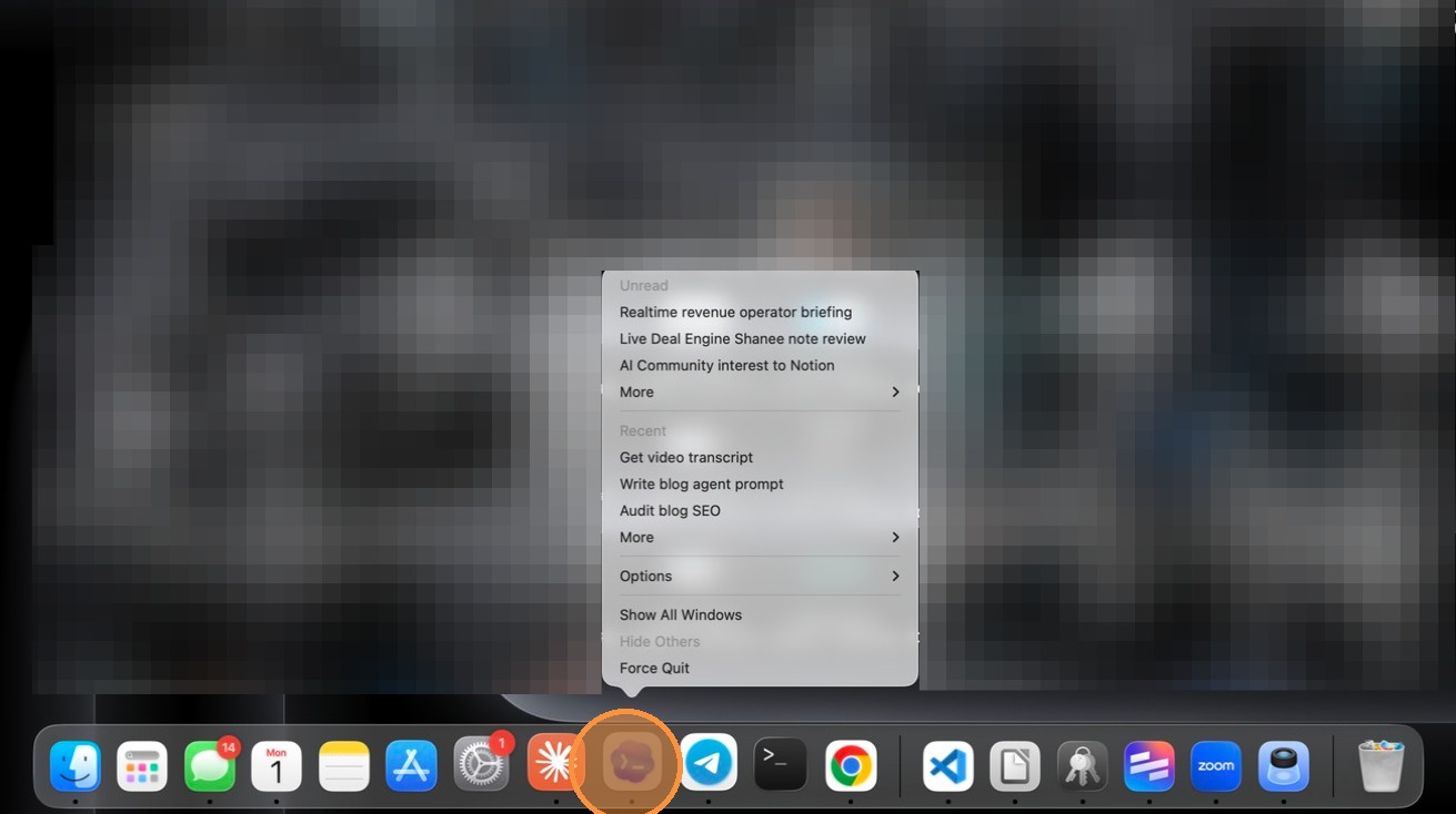 Right-clicking the Codex icon in the macOS dock and choosing Force Quit