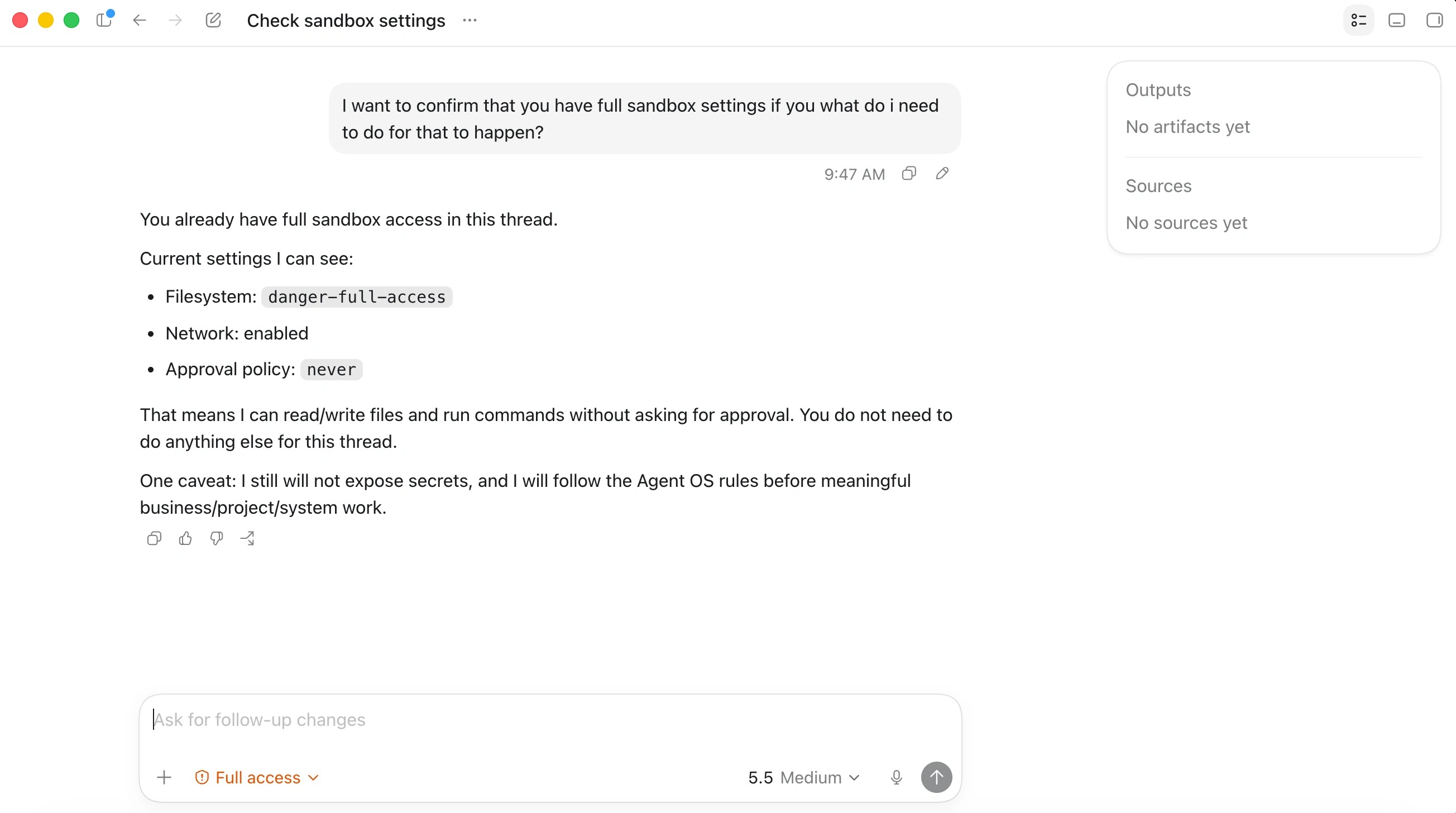 Codex confirming full sandbox access: Filesystem danger-full-access, Network enabled, Approval policy never