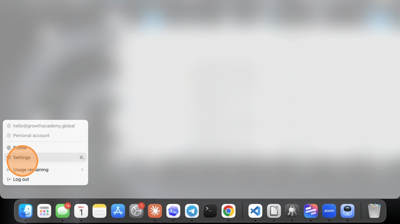 Selecting Settings from the Codex account menu