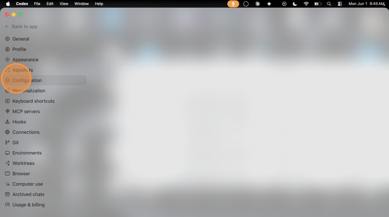 The Configuration tab highlighted in the Codex settings sidebar