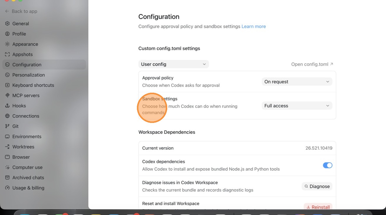 Codex Configuration showing Sandbox settings set to Full access