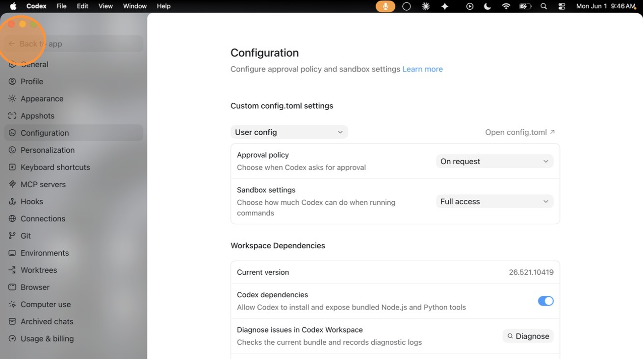 The Back to app link at the top of the Codex settings sidebar