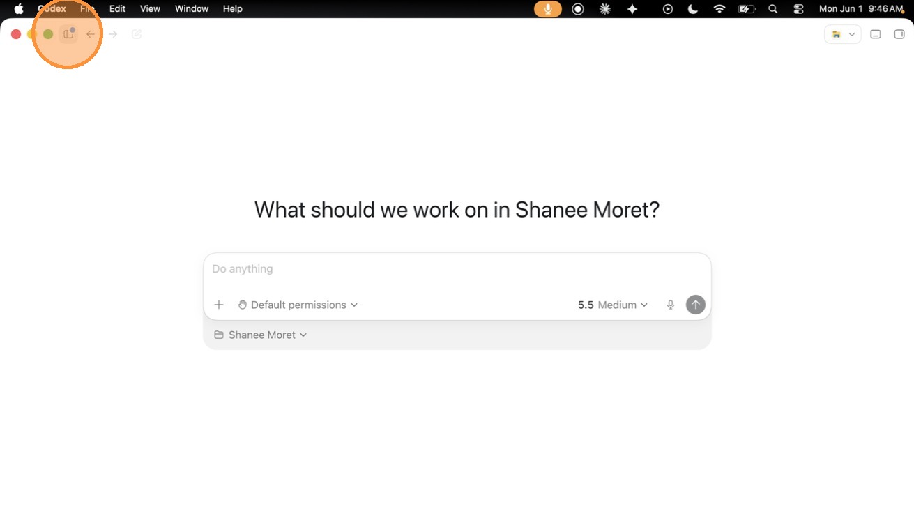A new Codex chat with the Default permissions selector visible